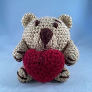 Handcrafted Tan and Red Crochet Teddy Bear with Heart
